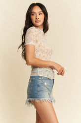 Davi & Dani Floral Mesh Mock Neck Short Sleeve Top OutfitFlow